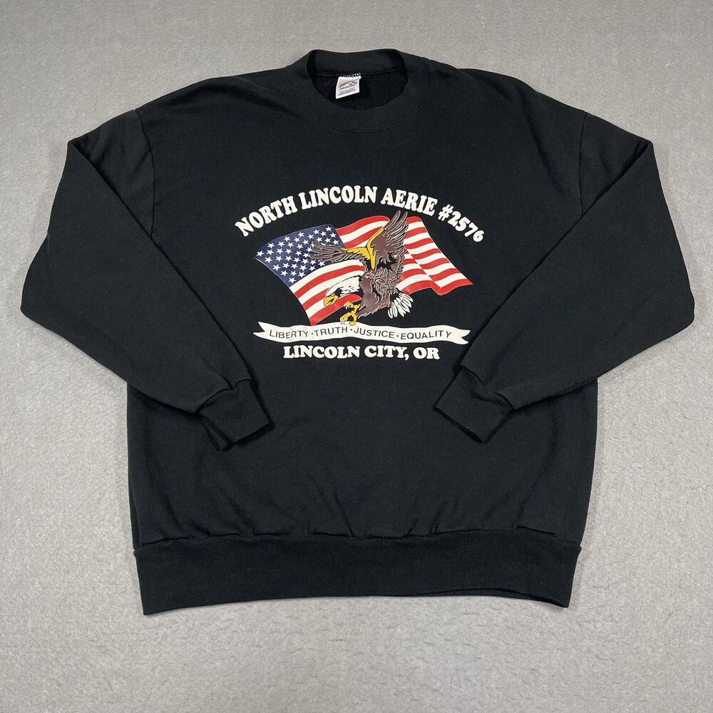 VTG Jerzees Sweatshirt Mens XL Black North Lincoln Aerie American Eagle Flag
